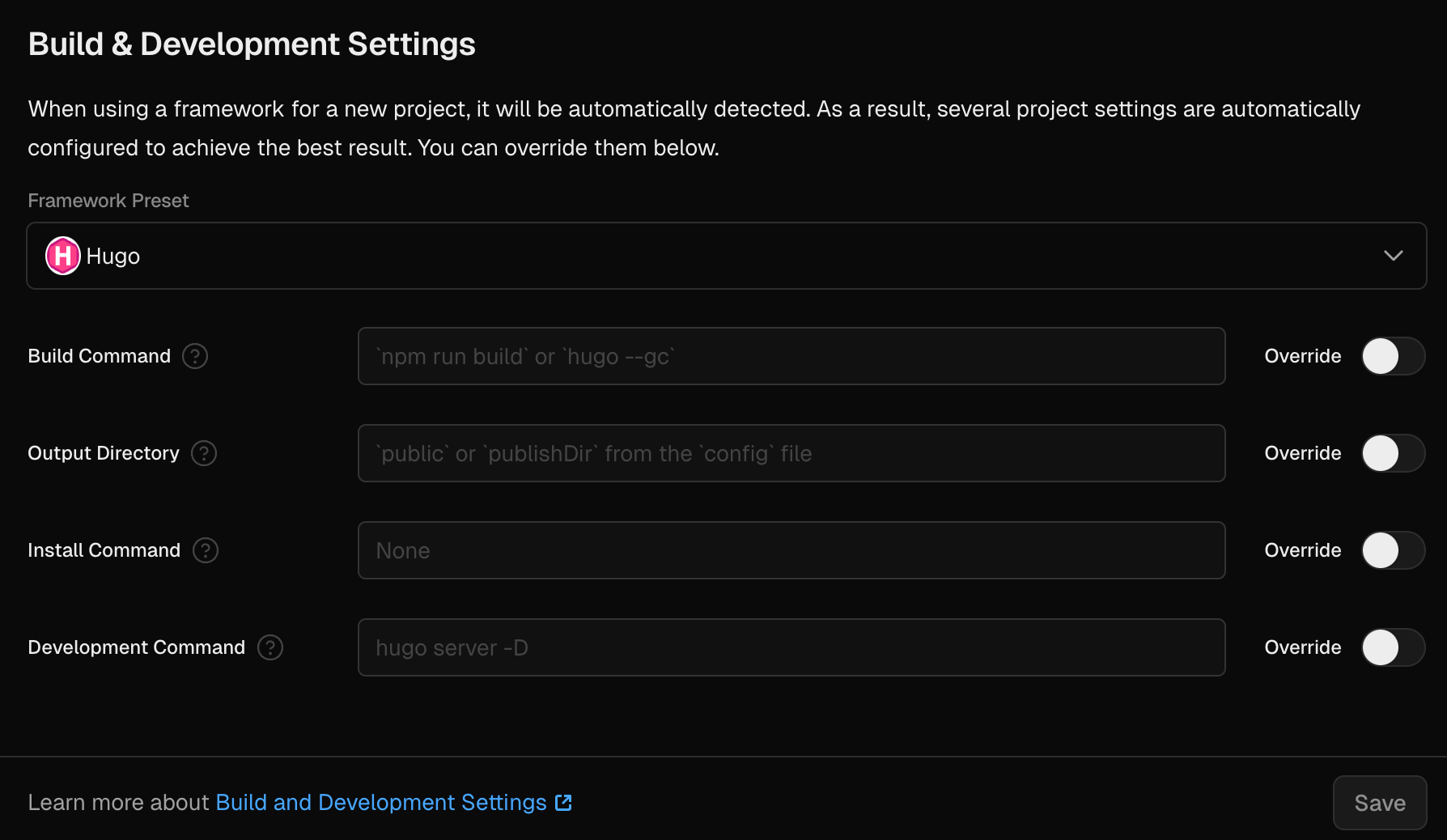 Vercel Development Settings